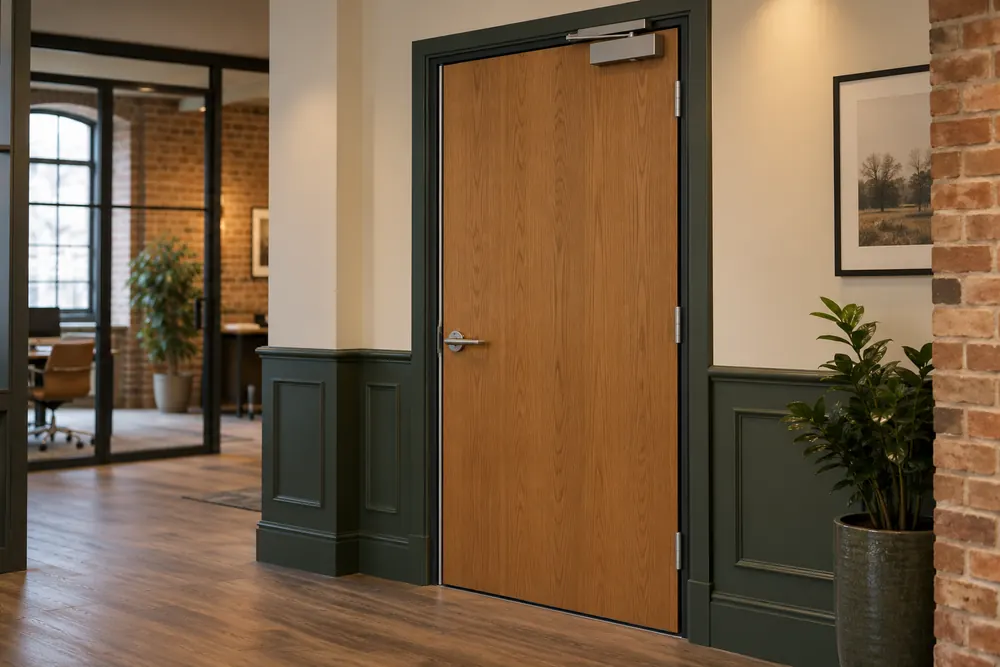 Timber commercial fire door with overhead closer in an office corridor